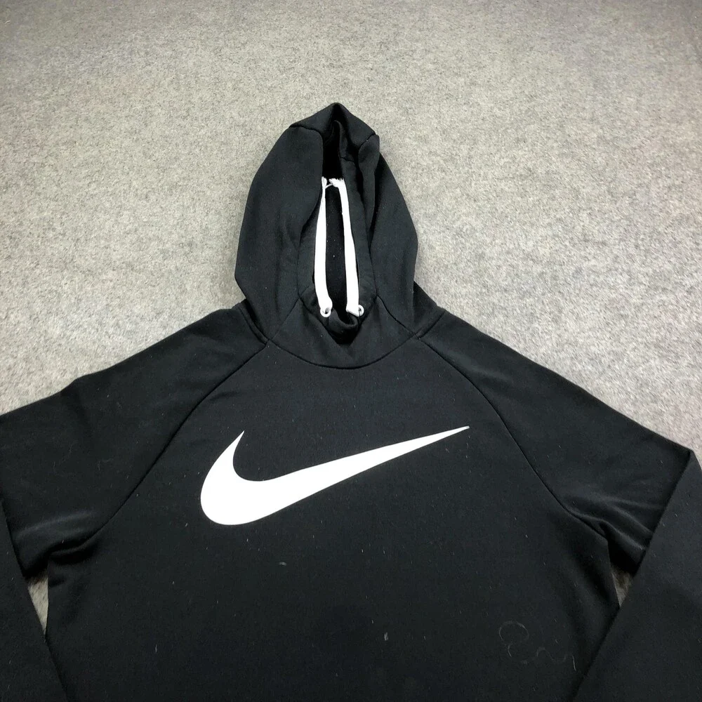 Nike Hoodie Mens Medium Black Pullover Dri Fit Sweatshirt Big Swoosh Logo Front